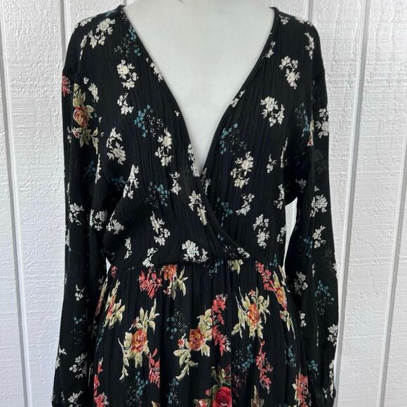 Angie Floral Boho Wrap Dress Women Large Black Rose Print Long Sleeve Midi - Picture 5 of 9